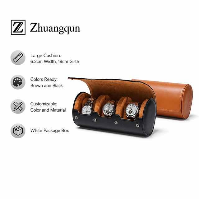 Sliding Cushion Tubular Three Watch Travel Case Leather Roll with Snap Buttons Large Pillow Fits Big Watches 36-62mm Black Tan