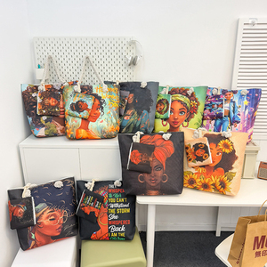 Bolsa Sacola Grande de Lona com Zíper Pintada à Mão, Estampa de Menina Negra em Poliéster, Leve e Dobrável para Ombro - Product Image 5