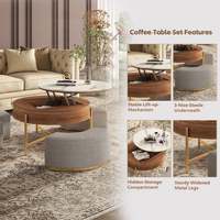 Ensemble de tables basses gigognes en marbre, style moderne, salon, table ronde avec plateau relevable, rangement central, avec 3 tabourets ottoman en tissu