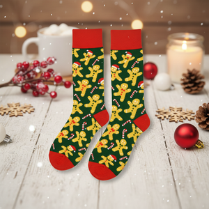 Colorful Christmas Themed Sock Breathable Gingerbread Man <b>Candy</b> <b>Cane</b> Design Bows Pattern One Size Fits All for Winter Season - Product Image 5