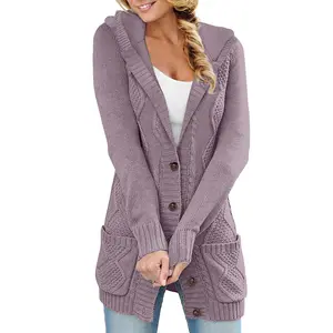 Women Hooded Sweater Fleece Lined Cardigan Button Down Front Winter Coat