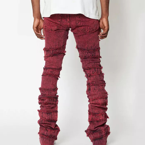 Özel moda marka Denim yığılmış kot erkek pantolon özel sıska Fit pantolon yığılmış alevlendi kot erkekler