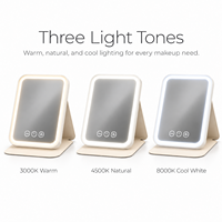 Étui cosmétique portable en cuir avec miroir pliant, support lumineux, 3 modes de lumière colorée, fonction mémoire, miroir de bureau à gradation progressive