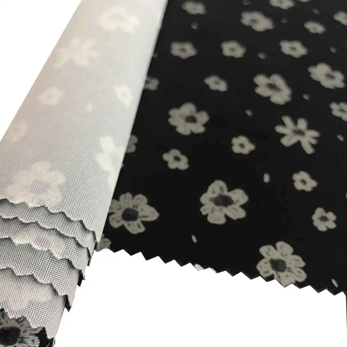 Tecido de malha de cetim para mulheres com estampa digital preta branca e floral reciclado 95% poliéster 5% spandex