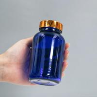 Bouteille en verre bleue à large ouverture pour produits de santé, médicaments, capsules et sous-conditionnement, bouteille vide