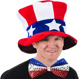 Groothandel Amerikaanse Vlag Kostuumset Grappige Patriottische Oom Sam Usa Vlag Brede Hoge Hoed En Vlinderdas Voor Onafhankelijkheidsdagbenodigdheden