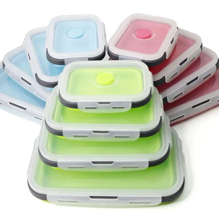 Conjunto de 4 de silicona y plegable para alimento contenedores de almacenamiento con tapas múltiples tamaños contenedor de comida plegable libre de BPA de la caja de Almuerzo