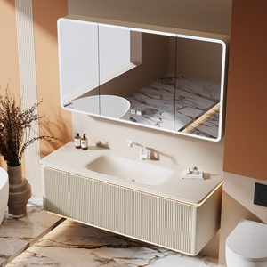 Meuble-lavabo <span class=keywords><strong>de</strong></span> <span class=keywords><strong>salle</strong></span> <span class=keywords><strong>de</strong></span> <span class=keywords><strong>bain</strong></span> d'hôtel moderne avec armoire en bois massif, miroir intelligent, rangement, quincaillerie à fermeture douce <span class=keywords><strong>de</strong></span> qualité supérieure et design mural - Product Image 5