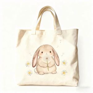 Bolsa de Mano de Lona con Estampado de Conejo en Acuarela Estilo Ins, Bolsa de Hombro Casual Reutilizable Personalizable para Uso Diario y Regalo - Product Image 2
