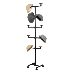 Công Nghiệp Màu Đen Kim Loại Hat Rack Đứng Với 10 Vòng Gỗ Màu Nâu Mộc Mạc Treo Móc Bán Lẻ Hat Hiển Thị Cây - Product Image 3