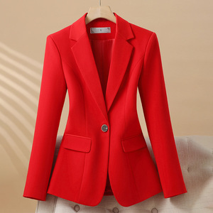 Women's Red Slim Fit Blazer Long Sleeve Korean Style Casual Elegance Suit Jacket Worsted Fabric - Product Image 1