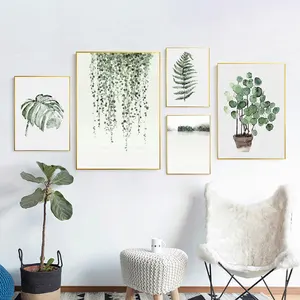 Pinturas de pared para sala de estar, láminas decorativas de hojas, acuarela, plantas verdes, arte nórdico, pintura en lienzo con marco