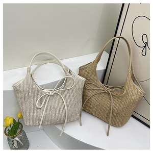 Bolso de Hombro Personalizado con Logotipo Privado para Mujer, Gran Capacidad, Tejido Calado con Lazo Decorativo, Bolso Tote de Paja Tejida - Product Image 1