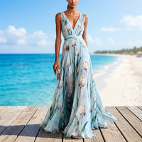Robe longue d'été vintage de style français pour femme, en polyester infroissable, taille haute, col en V, imprimée, avec jupe fourreau assortie