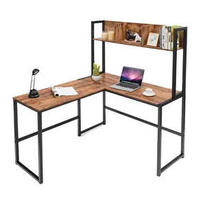 Home Office Furniture Space Saving Wood Metal Frame L shaped Large Corner PC Computer Corner Table Desk with Storage Shelf