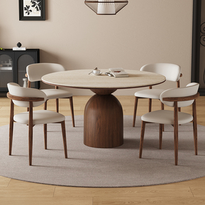आधुनिक ठोस लकड़ी पर्यावरण के अनुकूल टिकाऊ गोल अखरोट 6-सीटर भोजन टेबल कुर्सी घर के अपार्टमेंट विला होटल के लिए सेट - Product Image 2