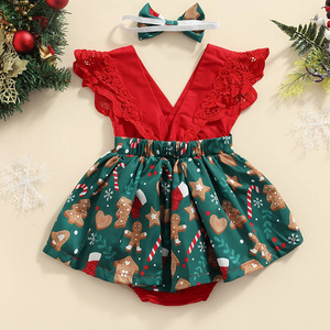 Ropa de bebé de vacaciones rojo verde impreso Navidad mameluco vestido niños pequeños trajes elegantes niñas pequeñas copo de nieve tejido - Product Image 5