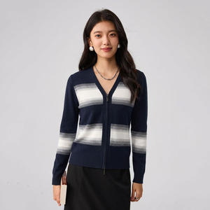 Fashionable 100% Wool Color-Block Stripe Knit <strong>Lightweight</strong> <strong>Cardigan</strong> Casual Long Sleeve Sweater <strong>for</strong> Spring <strong>Summer</strong> Daily Wear - Product Image 1