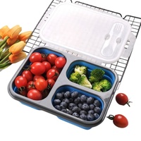 Vente en gros 1100ML Boîte à lunch Bento en silicone de qualité alimentaire Portable 3 compartiments Pliable Conteneur de stockage des aliments Boîte à nourriture étanche