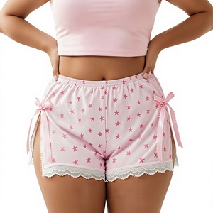 Pink Star Print Breathable Knitted Shorts with Lace Trim and Bow Detail High Waist Women's Sweet Style Casual - Product Image 2