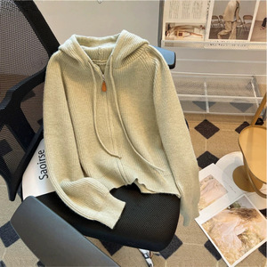 Women Hooded <b>Zipper</b> Knit Cardigan Loose Fit Solid Color Early Autumn <b>Top</b> Anti-Pilling Design - Product Image 3