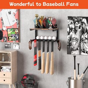 Wall Mounted Baseball Bat Storage Rack With Hat Holder And <b>Glove</b> Organizer Punch Free Design For Sports Equipment Storage - Product Image 2