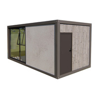 Maison conteneur modulaire préfabriquée moderne à un étage, cabine pod avec fenêtre en verre, bardage en bois, finition en stuc, résistante au feu