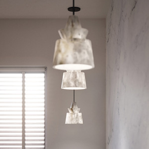 Lustre moderne de luxe en albâtre naturel à 3 niveaux en forme de cône avec cordon noir LED - Product Image 3