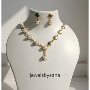 Luxury Handmade Gold Plated Brass <b>Pearl</b> Jewelry <b>Set</b> for Women, Elegant Necklace and Earrings Combo, Minimalist <b>Pearl</b> Drop Choker - Product Image 2