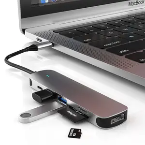 6 ميناء USB C محور نوع C إلى HDMI-متوافق USB 3.0 2.0 PD 60W متعدد المنافذ محول قاعدة لتثبيت الكمبيوتر المحمول لأجهزة الكمبيوتر المحمول كمبيوتر صغير هوائي ماك بوك برو