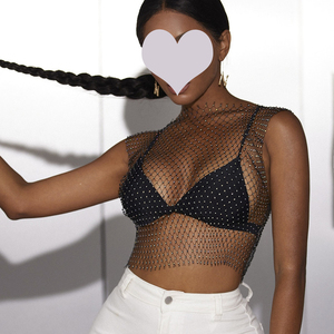 Elegant <strong>Black</strong> Mesh Crop <strong>Top</strong> with Crystal Embellishments and <strong>See</strong> <strong>Through</strong> Netting Ideal for Nightclub and Party Outfits - Product Image 2