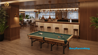 Concept de design d'intérieur pour pub et restaurant : comptoir de bar lounge en bois style speakeasy, ensemble table et chaises classiques pour salle de jeux de pub