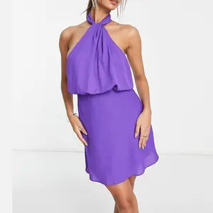 Hot Sale Damesmode Kleding Strapless Mouw Lila Jurken Halternek Rugloze Midi Jurk