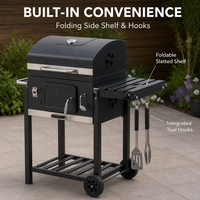 Barbecue à charbon de bois carré d'extérieur avec grilles en fonte, plateau à charbon réglable et étagère latérale