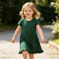 Robe décontractée pour enfants style doux, tissu doux pour la peau, vert et blanc à pois, manches courtes, ourlet à volants, robe trapèze pour filles, personnalisable ODM