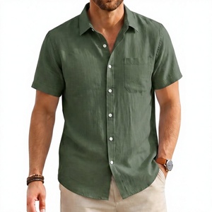Chemises décontractées à manches courtes pour hommes en lin français 100 %, boutonnées, unies, 140g, mode estivale, avec poche – Vente en gros - Product Image 2