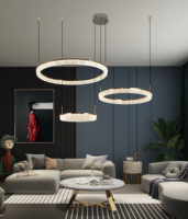 Lustre circulaire moderne de luxe en acrylique - Éclairage LED pour salon, finition dorée, taille moyenne, dimmable, CRI 95, garantie 3 ans