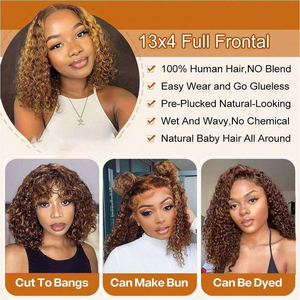 Parrucca Bob Corta Ricci 13x4 Water Wave 200% Densità Colore Piano 4/27 con Mèches, 100% <span class=keywords><strong>Capelli</strong></span> Vergini Brasiliani Remy per Lace - Product Image 5