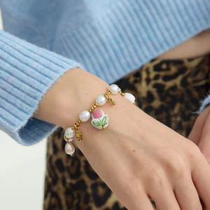Ceramic Pearl Bracelet With Flower Charm Stainless Steel Women's Jewelry Gift - Product Image 3