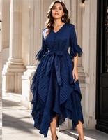 Robe de soirée formelle scintillante pour femme, col en V, volants, manches 3/4, nœud à nouer à la taille, ourlet asymétrique haut-bas, longue