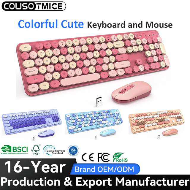 Factory Direct Sale OEM Colorful Typewriter Keyboard with Retro Round Keycaps 2.4G Wireless Keyboard and Mouse for PC Computer