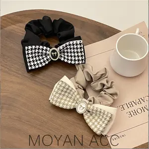 थोक houndstooth लोचदार बाल संबंधों scrunchie बाल धनुष चोटी बाल रोटी प्लेड धनुष गाँठ scrunchies