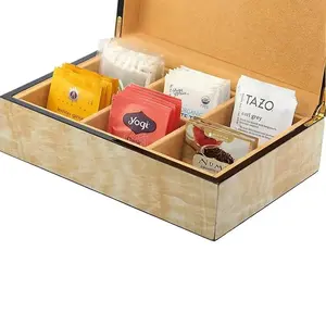 Caixa de saquinhos de chá de madeira luxuosa de alta qualidade com 6 compartimentos de caixa, organizador de saquinhos de chá, caixa de presente para armazenamento
