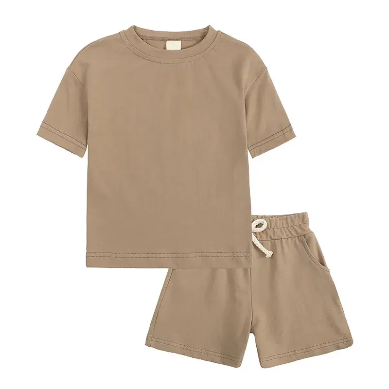 2 parça çocuk giyim setleri katı yaz pamuk Unisex çocuklar T Shirt ve kısa seti
