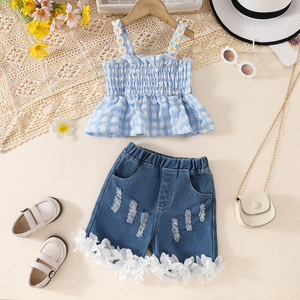 <span class=keywords><strong>Collection</strong></span> Été Petite Fille Short en Denim et Camisole en Coton à Motif Solide dans de Nouveaux Styles - Product Image 1