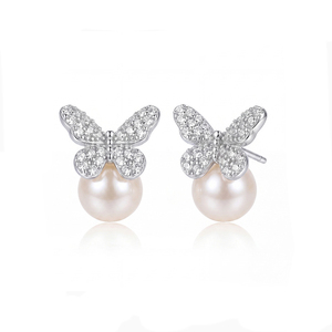 S925 <b>Silver</b> Butterfly Freshwater Pearl <b>Stud</b> Earrings Cubic Zirconia Pave Elegant Jewelry Gift for Women - Product Image 1