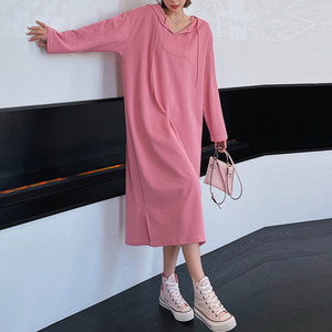 Coreano Pianura Maniche Lunghe Casuale Cotone Bianco Lungo del Vestito Delle Signore Allentato Con Cappuccio di Grandi Dimensioni T Abiti Camicia Abbigliamento Donna - Product Image 6