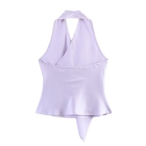 Chemisier en satin à col halter asymétrique sans manches pour femme 2026 – Haut élégant et sexy en satin texturé pour soirée et été - Product Image 2