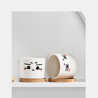 Laris emoji lucu Mini keramik pot bunga sukulen dengan alas bambu