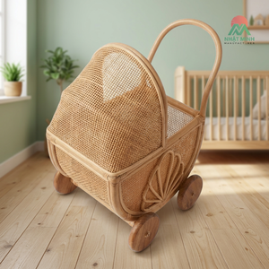 Poussette jouet en rotin naturel NHAT MINH, mini poussette pour poupée, roues en bois, pour enfants de 2 à 4 ans, unisexe - Product Image 3